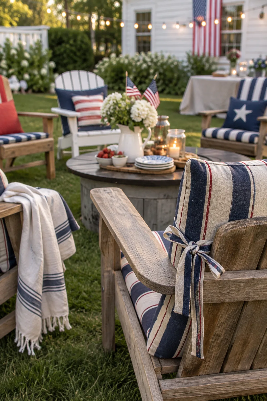 Mismatched patio chairs tied together visually with matching navy blue striped cushions.