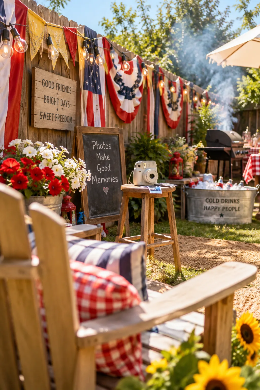 Blank wooden fence decorated with vintage bunting and an instant camera resting on a stool.