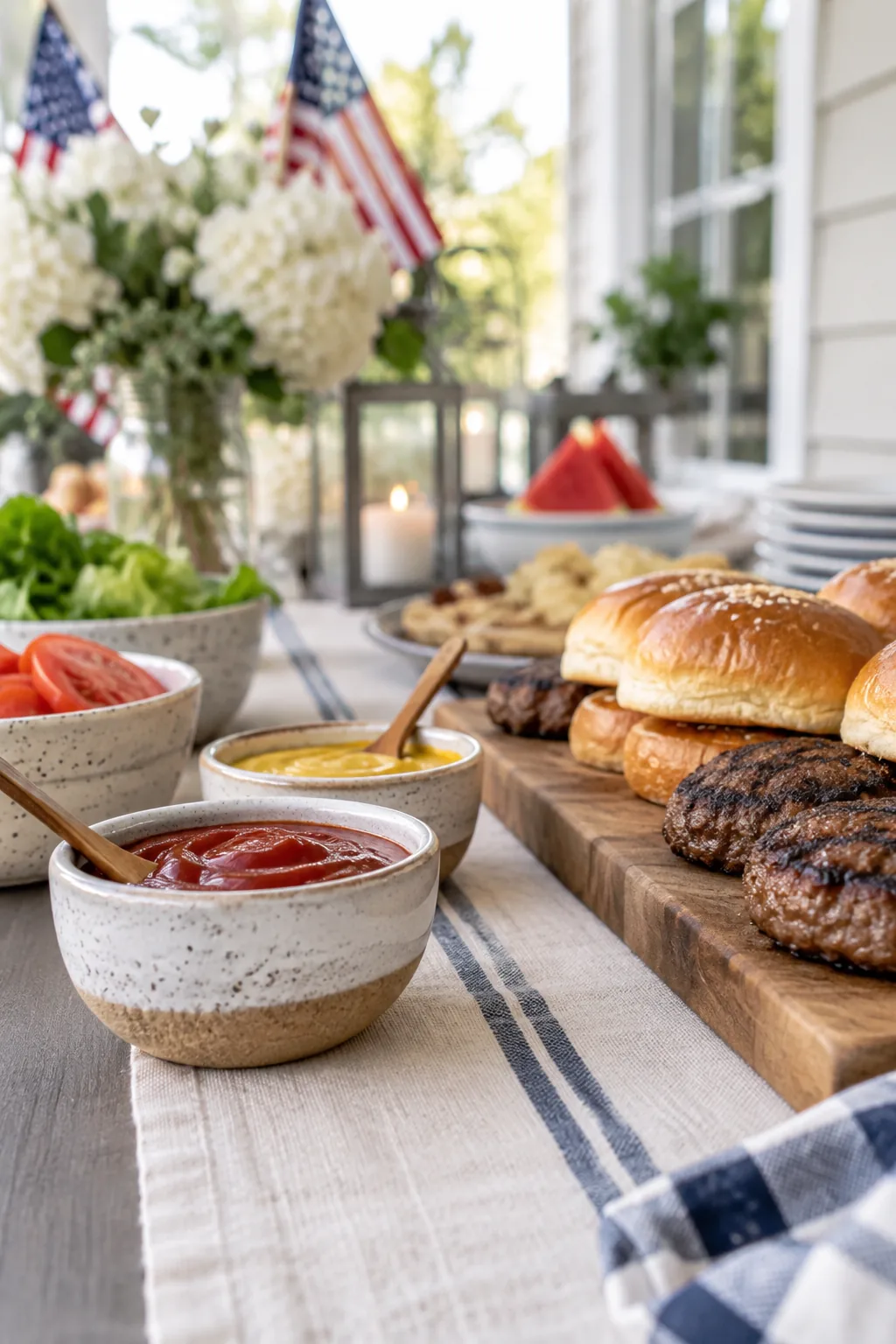 Ketchup, mustard, and relish served in small white ceramic bowls with silver spoons.
