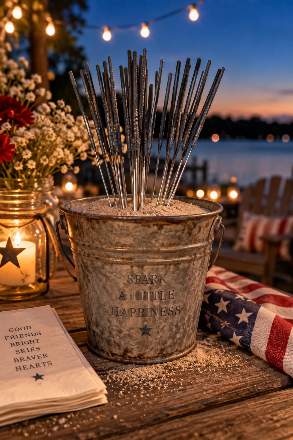 Galvanized bucket filled with sand holding dozens of unlit sparklers.