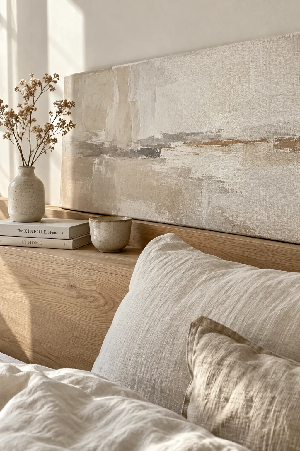 long horizontal painting resting directly on a fabric headboard