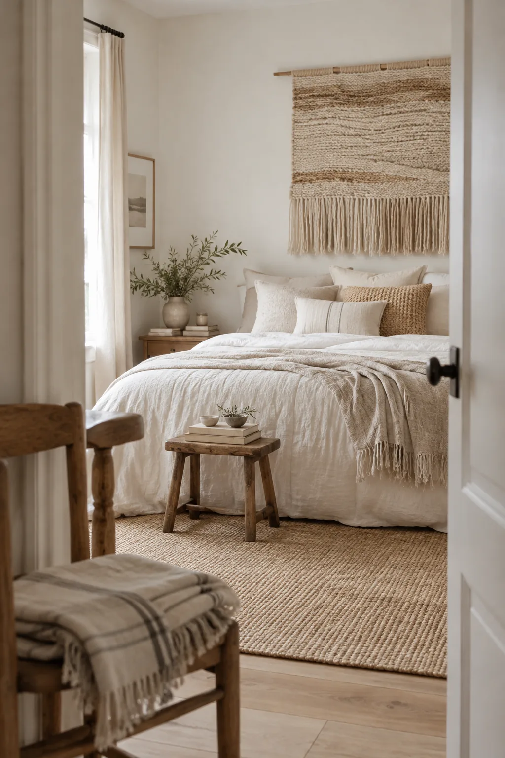 large macrame wall hanging centered over a bed