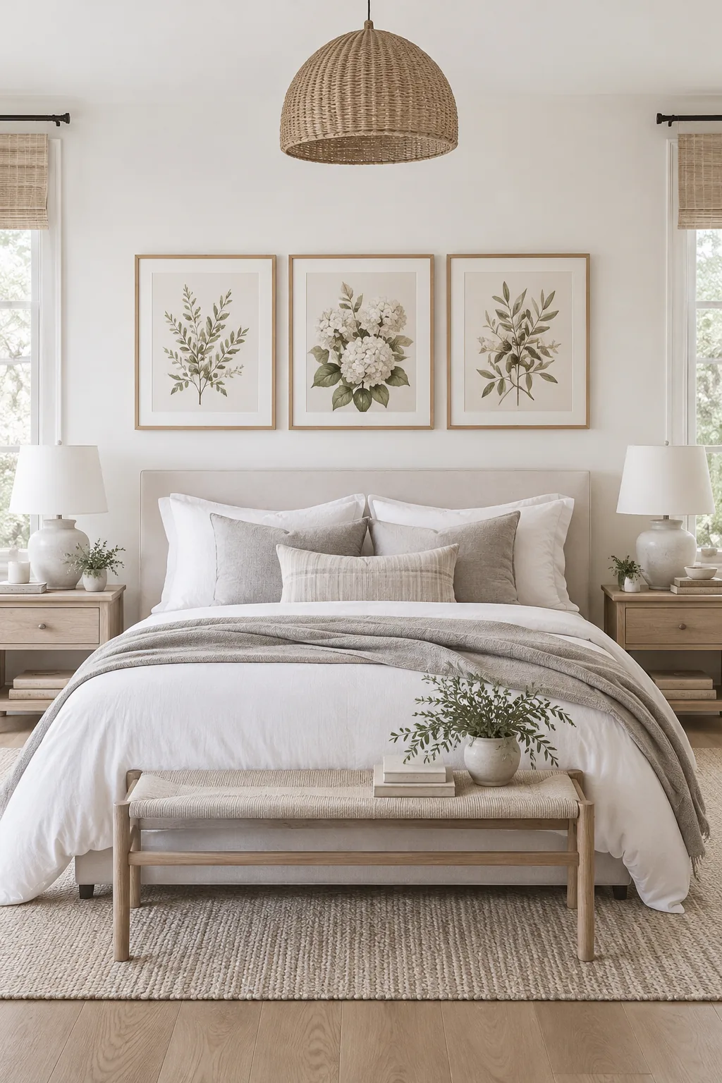 three matching square black frames hung in a row above a bed