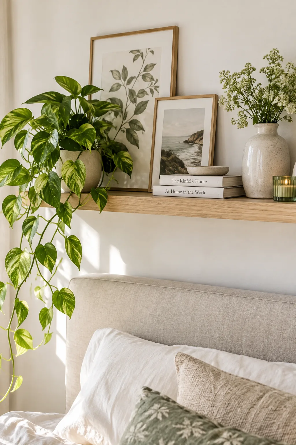 wooden floating shelf styled with small prints and a trailing plant above a bed