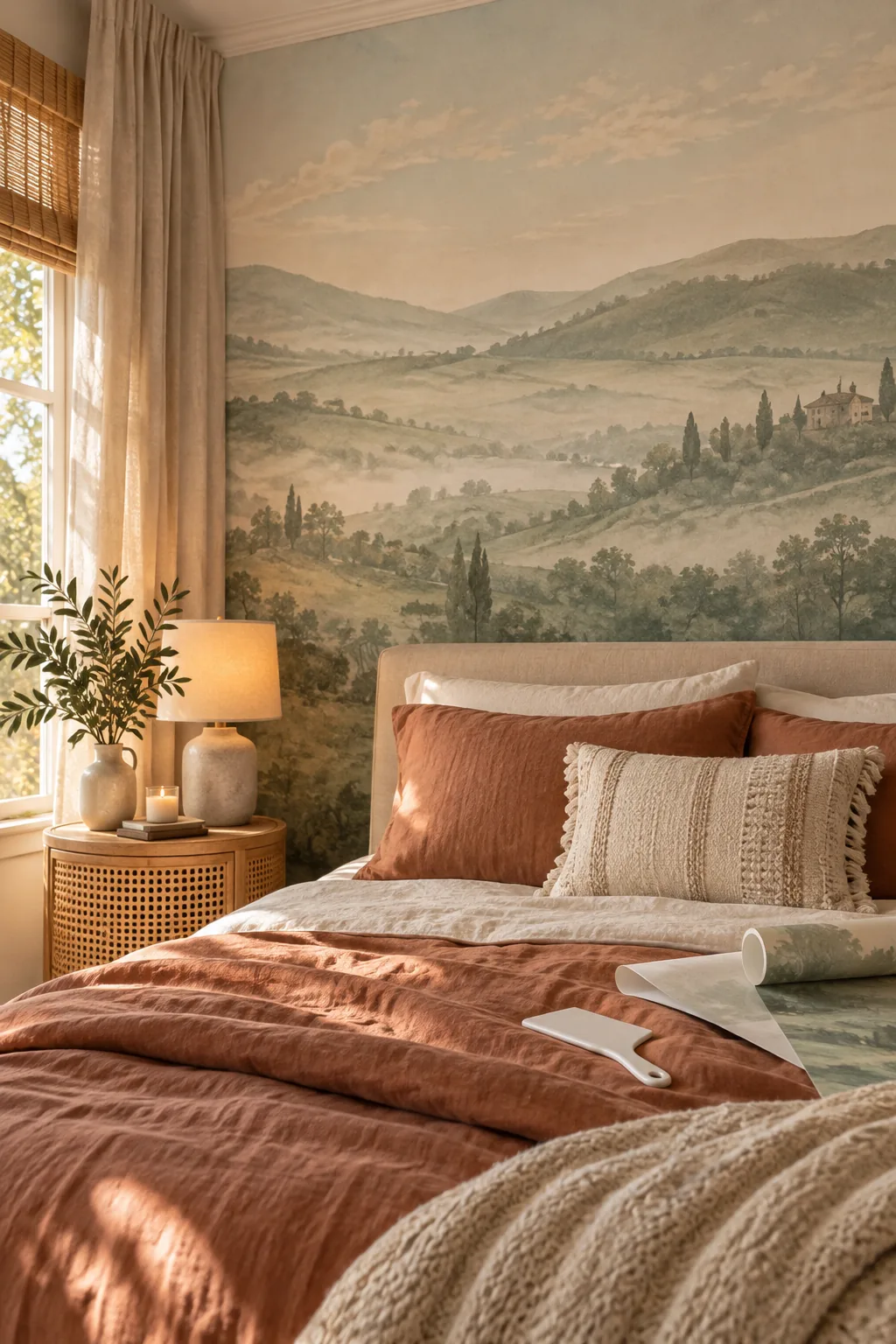 muted landscape removable wallpaper mural applied behind a bed