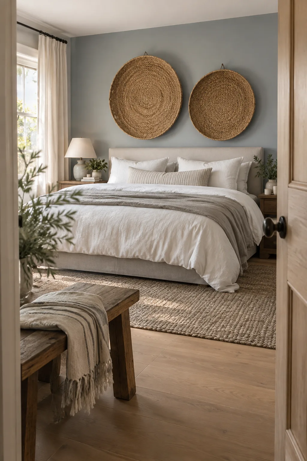 two large flat woven seagrass baskets hung over a king bed