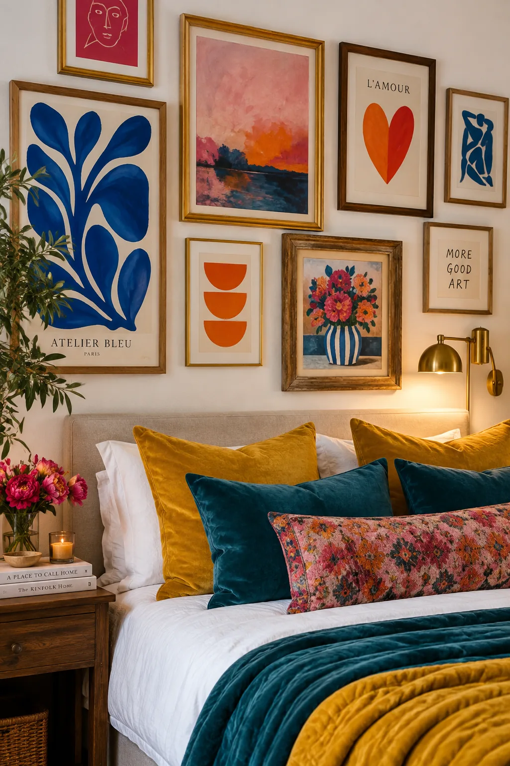mixed vintage frames in an asymmetrical layout above a bed