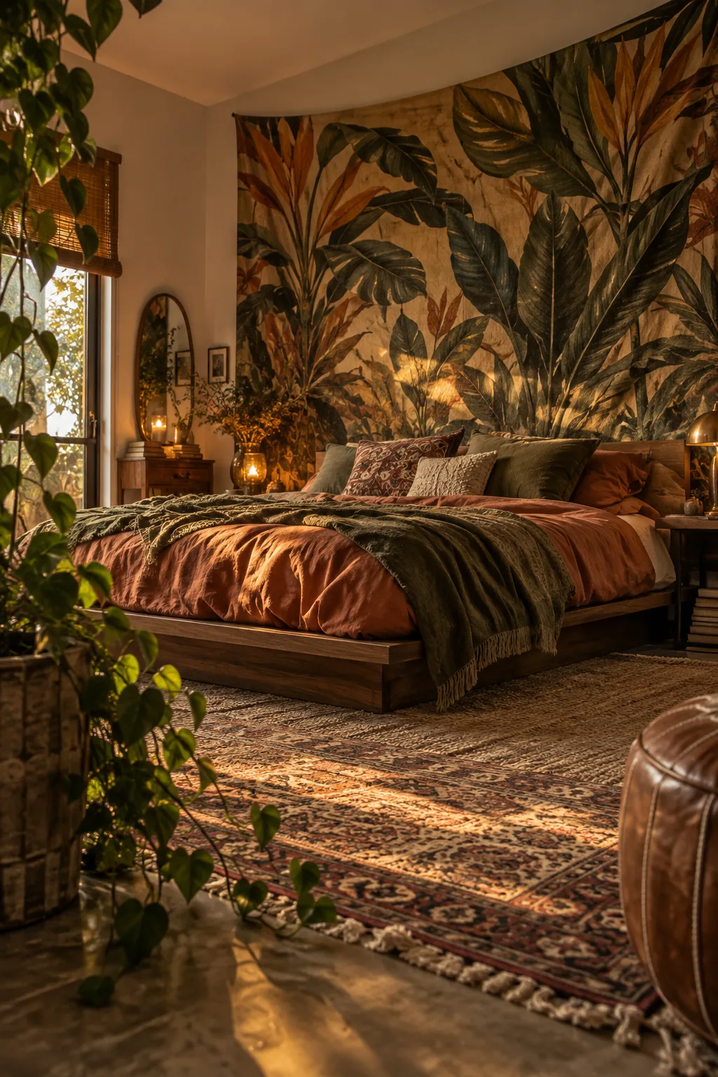large fabric tapestry with a botanical print hanging over a low bed