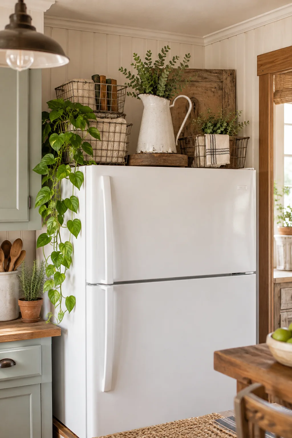 A farmhouse-style refrigerator top decorated with wire baskets and vintage enamelware.