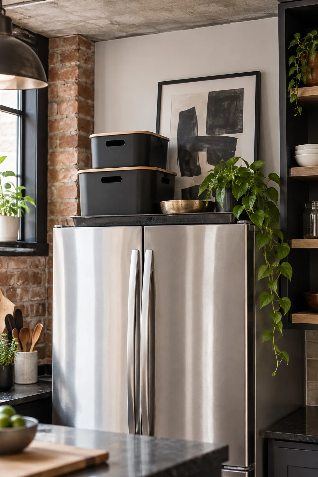 A modern minimalist refrigerator top styled with matte black bins and abstract art.