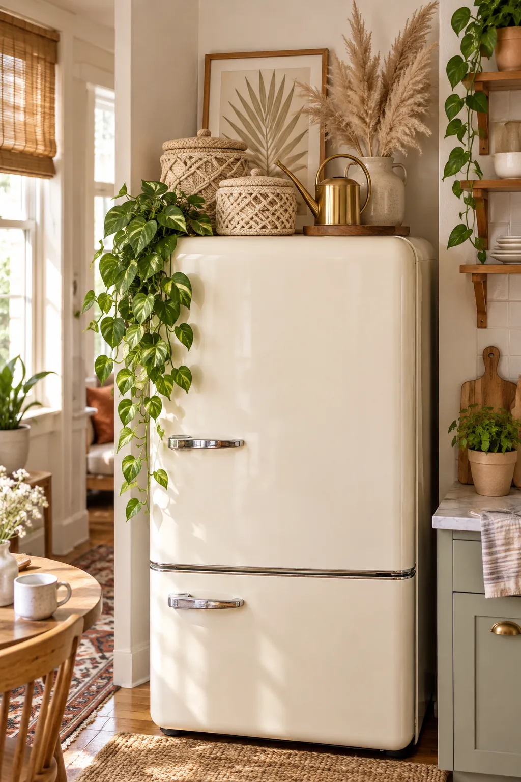 A bohemian refrigerator top decorated with macrame baskets, brass accents, and pampas grass.