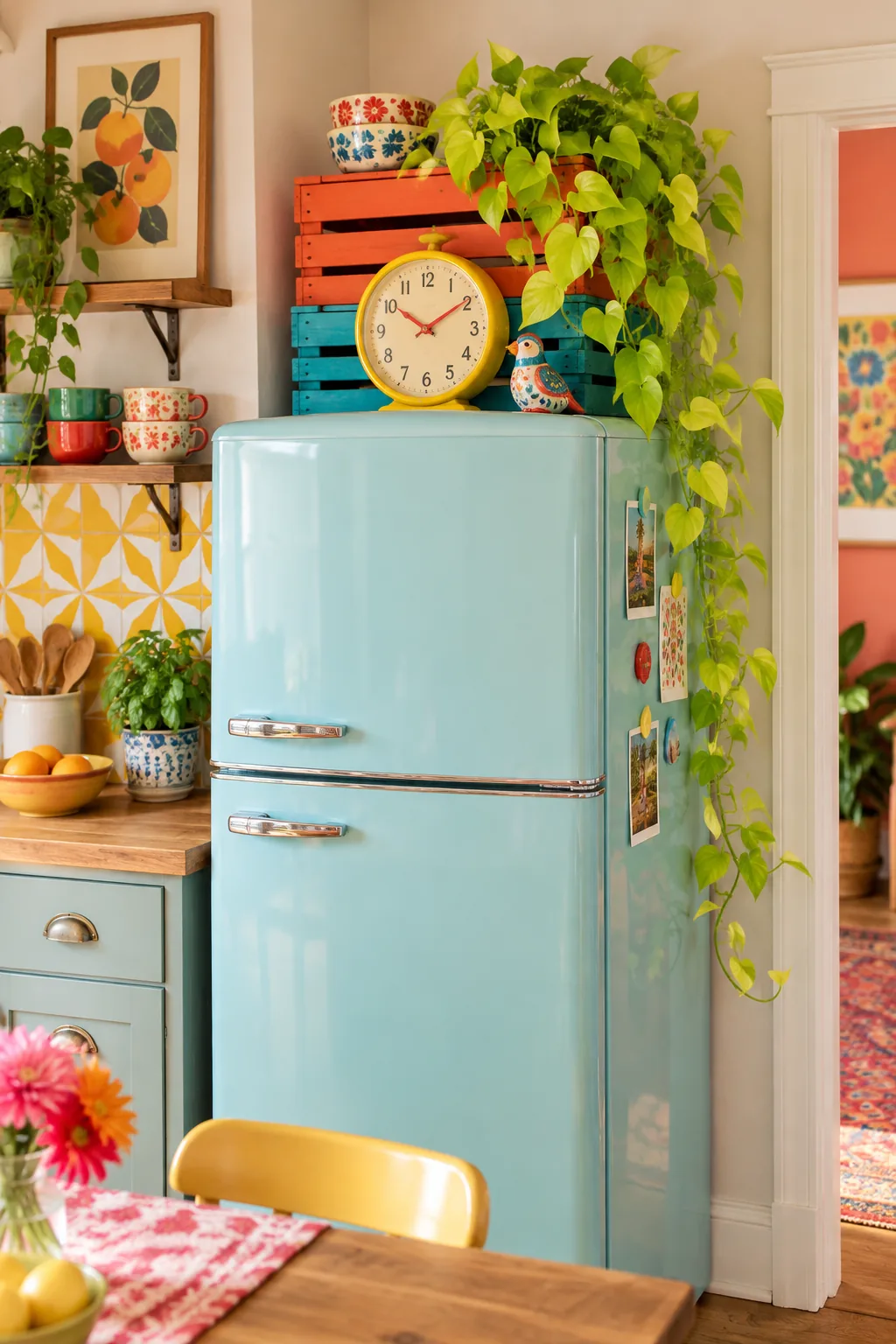 A colorful eclectic refrigerator top styled with painted crates and a retro clock.