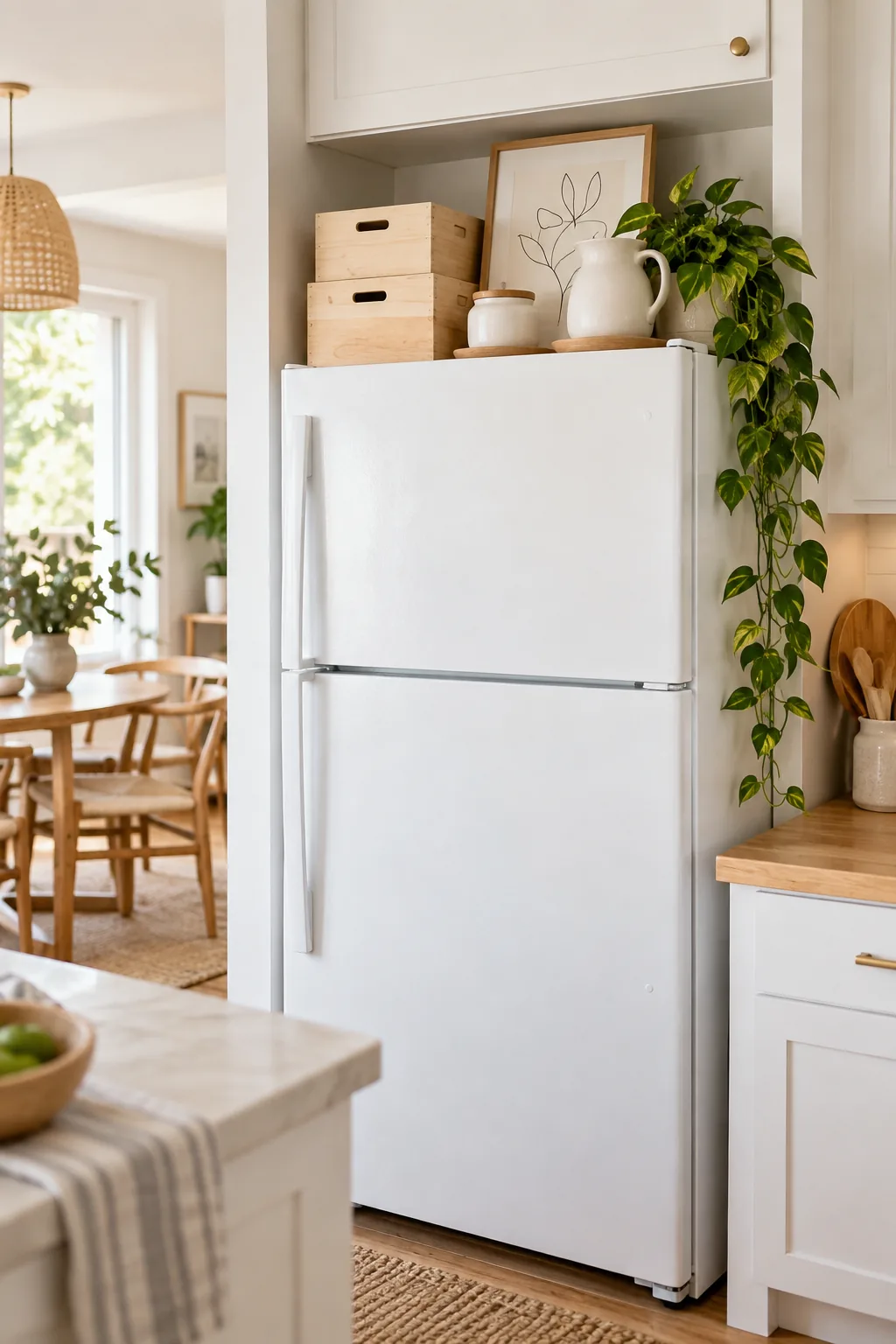 A Scandinavian refrigerator top decorated with light birch wood boxes and white ceramics.