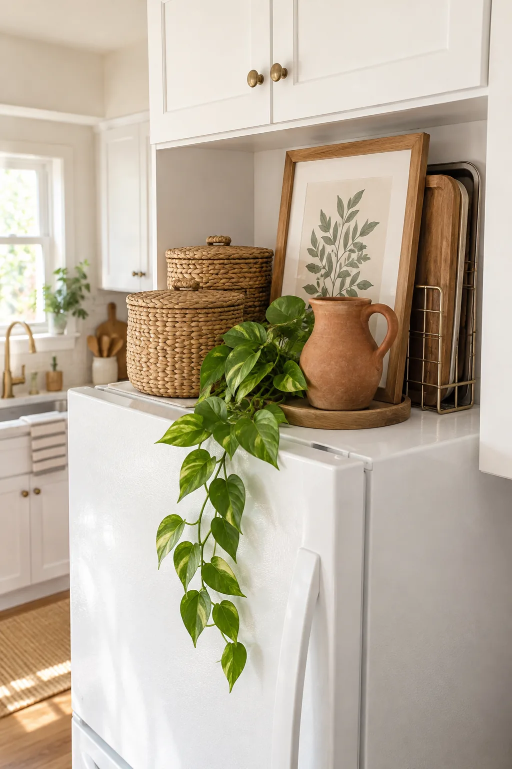 A perfectly scaled decor arrangement filling the space between a white refrigerator and upper kitchen cabinets.