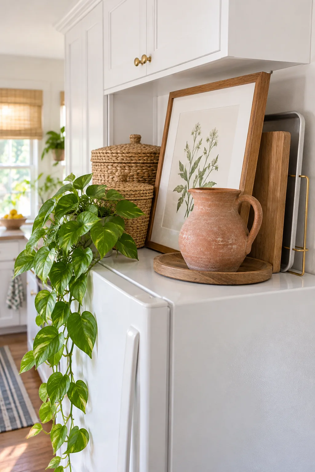 A wire file organizer holding baking sheets and cutting boards hidden behind a framed art print on a fridge.
