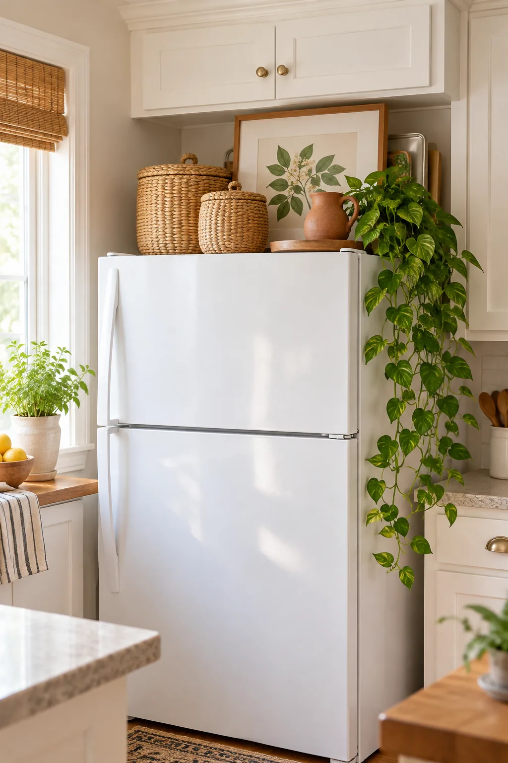 A large wood-framed botanical print leaning against the wall behind a terracotta pitcher on a fridge top.