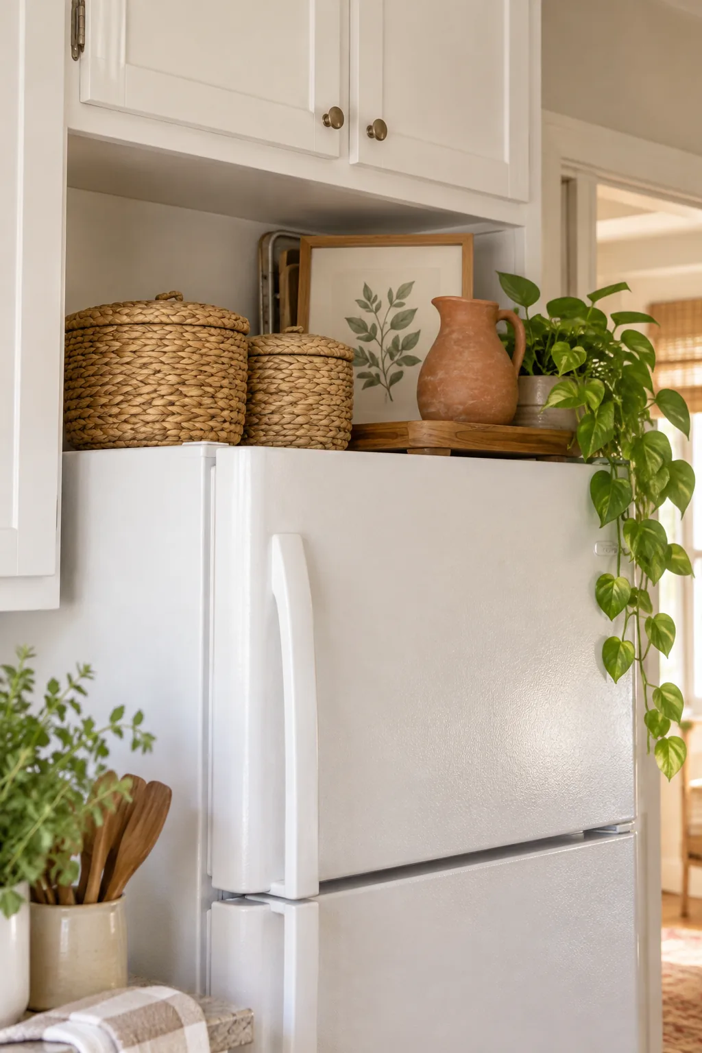 Two lidded woven seagrass baskets sitting on a refrigerator top with clearance below the upper cabinets.