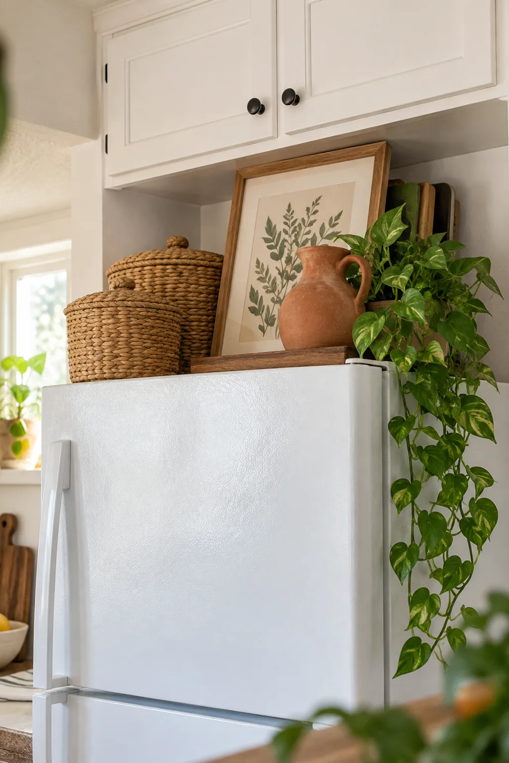 A low-angle view looking up at a fully decorated refrigerator top with baskets, art, and a trailing plant.
