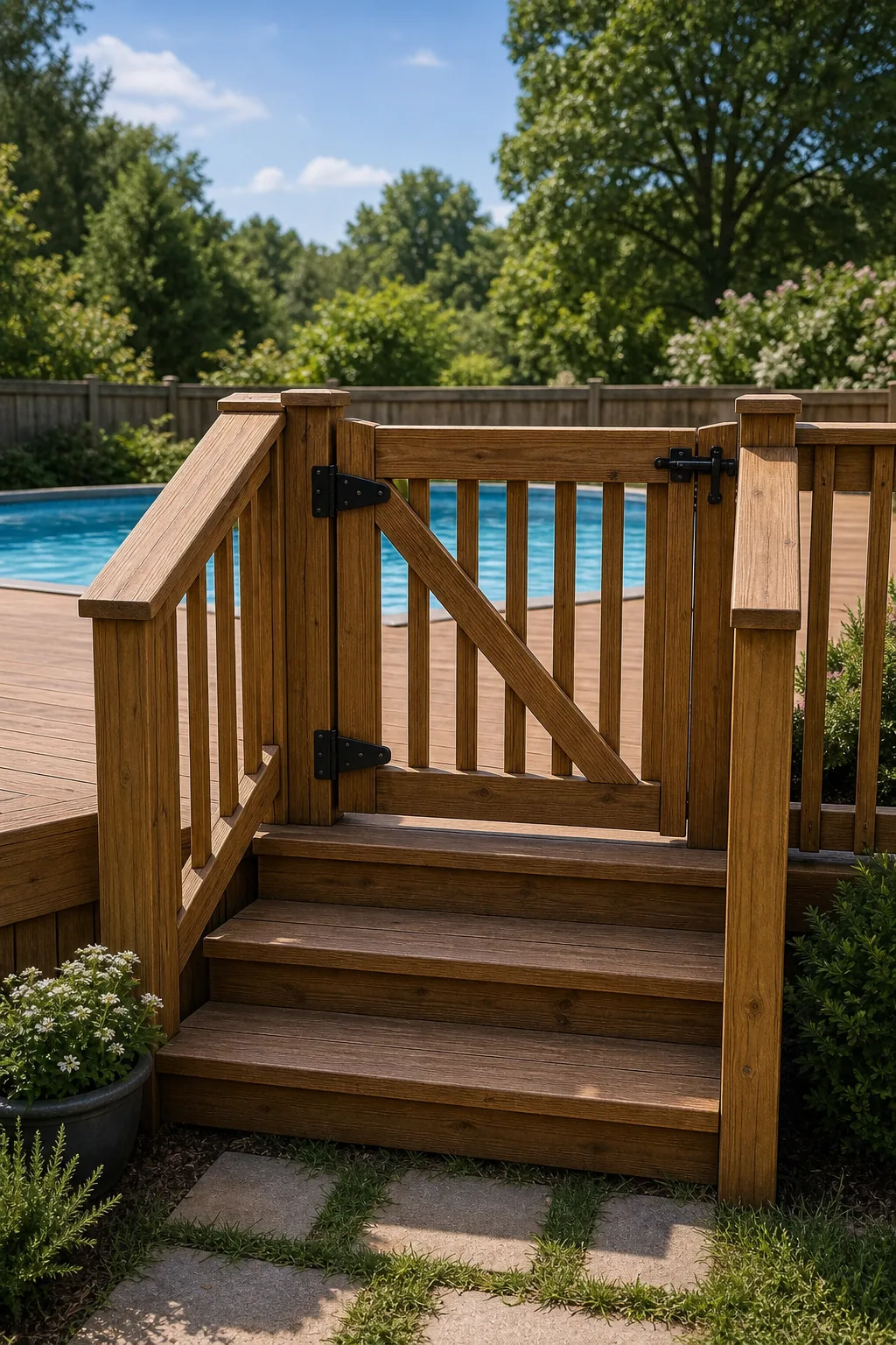 Wooden deck stairs leading up to a closed wooden gate with black hinges.