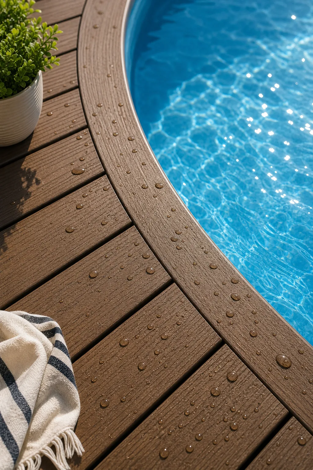 Close-up of brown textured composite deck boards near blue pool water.