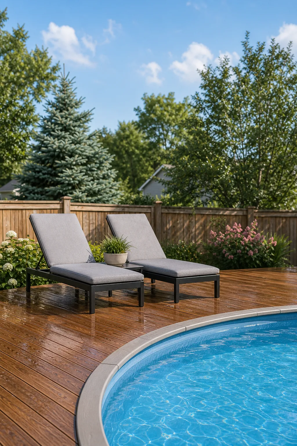 Two grey modern lounge chairs sitting on a wooden deck next to a pool.