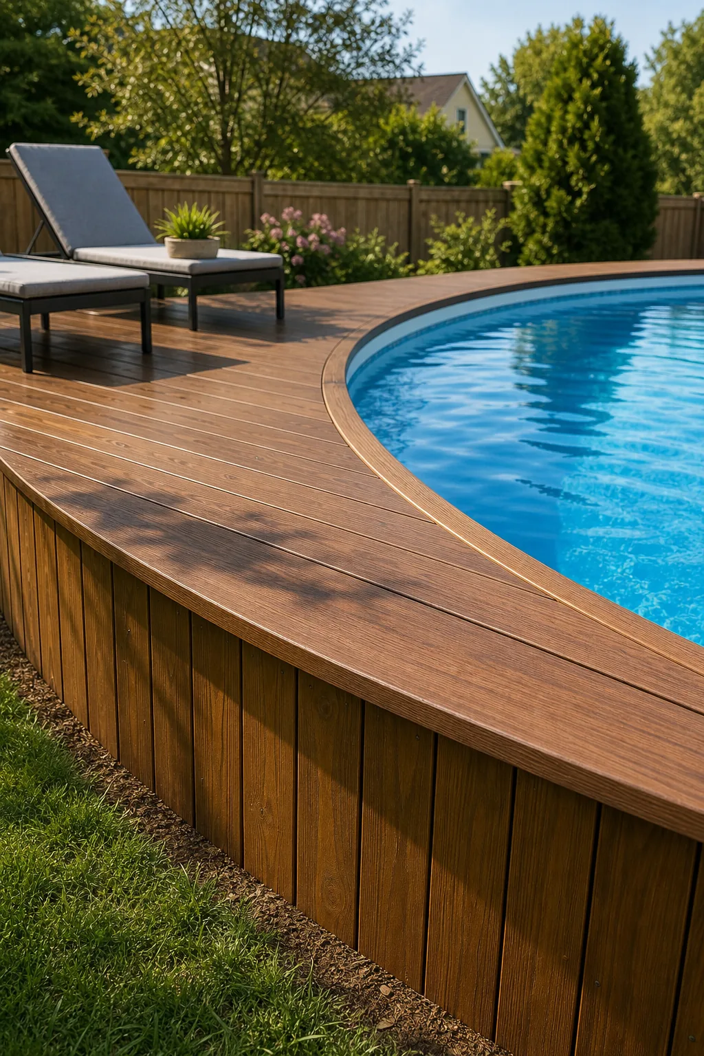Deck boards extending perfectly over the white top rail of an above-ground pool.