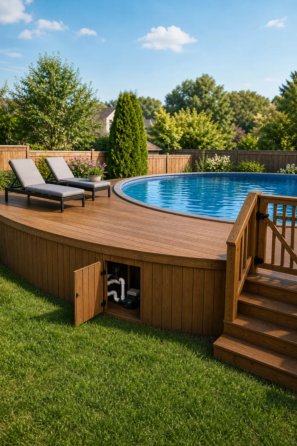 Vertical brown wooden boards forming the curved base of a pool deck.