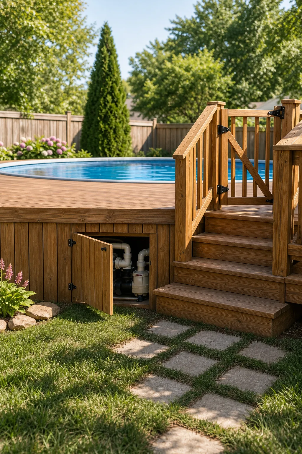 A small hinged wooden door in the deck skirting opened to show pool equipment.