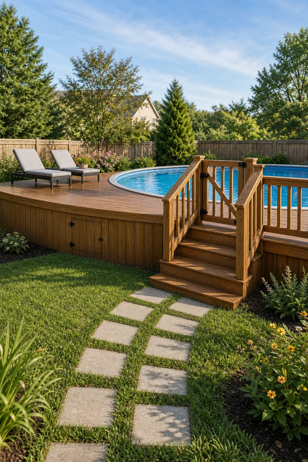 Square stone pavers leading across green grass to a wooden above-ground pool deck.
