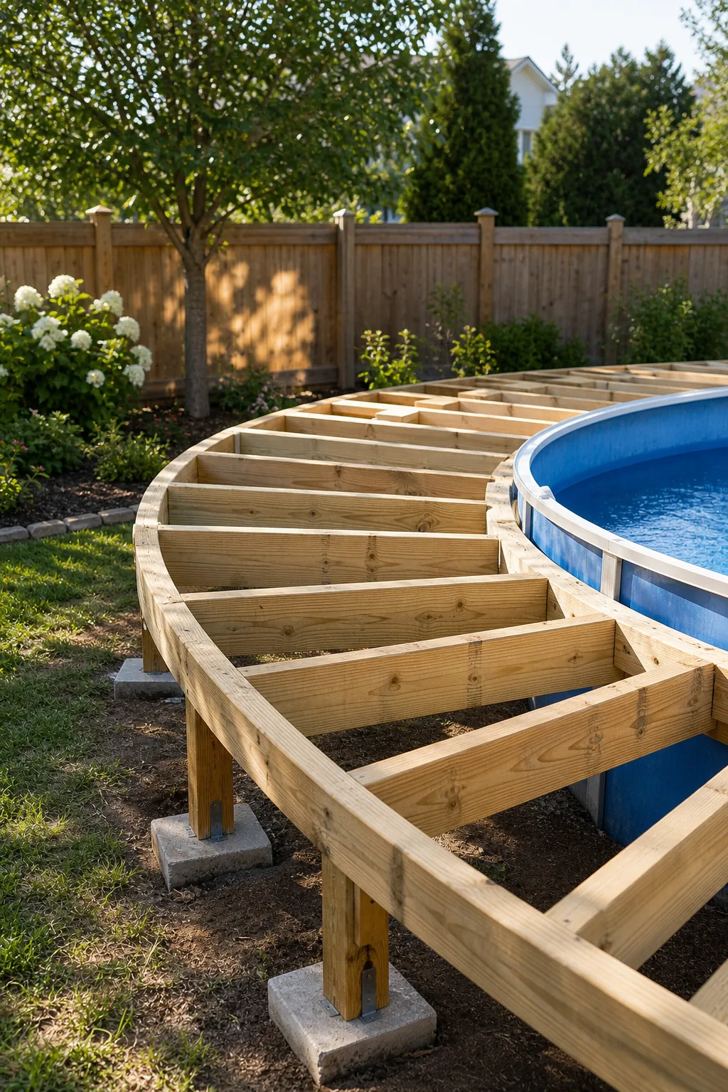 Exposed wooden deck framing showing joists and beams curving around a pool.