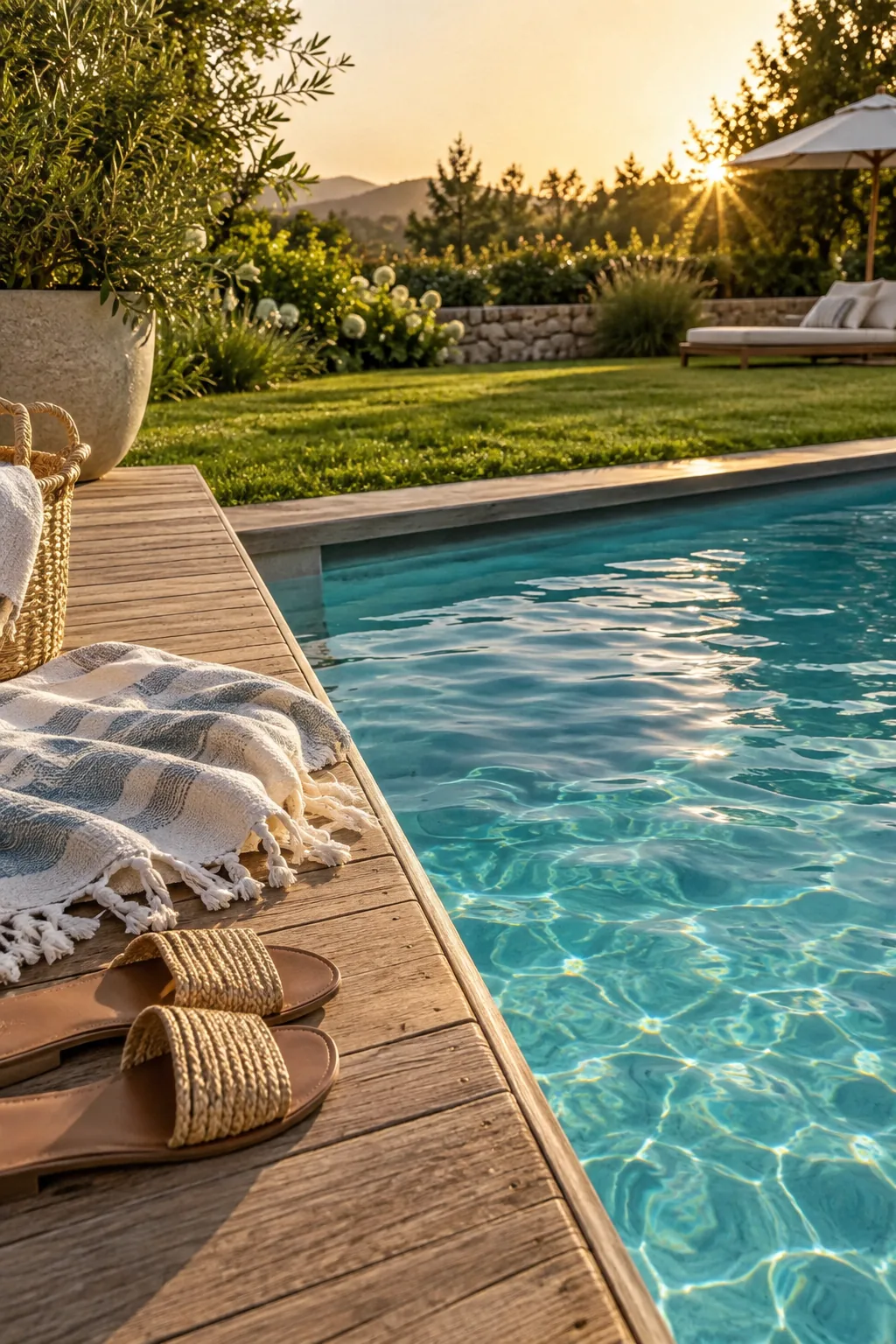 Half sunken above ground pool with a low wooden deck