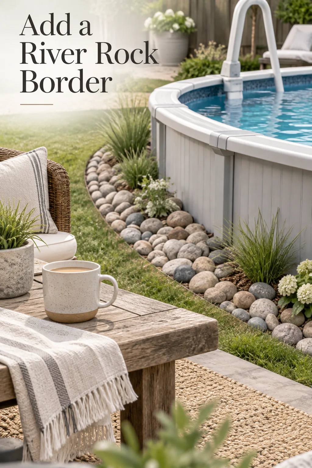 River rock border surrounding the base of an above ground pool
