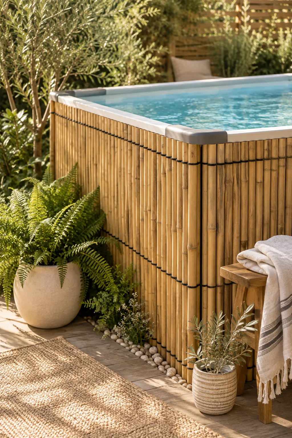 Above ground pool exterior wrapped in natural bamboo fencing