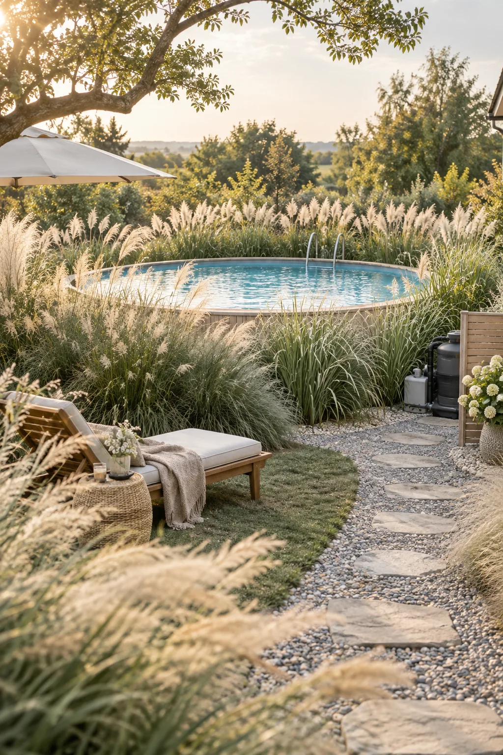 Tall ornamental grasses planted around an above ground pool