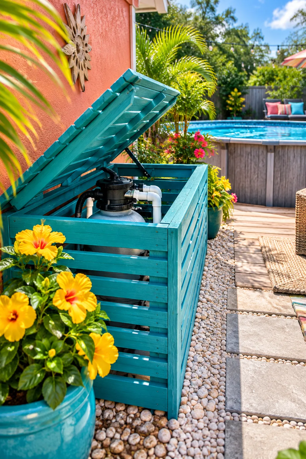 Slatted wooden box hiding pool pump equipment