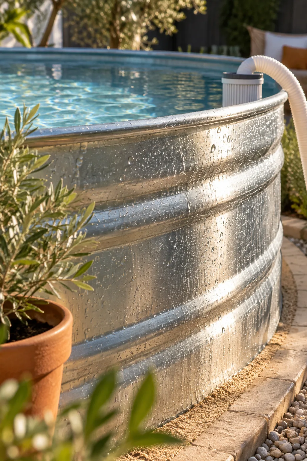 Galvanized metal stock tank used as a backyard pool