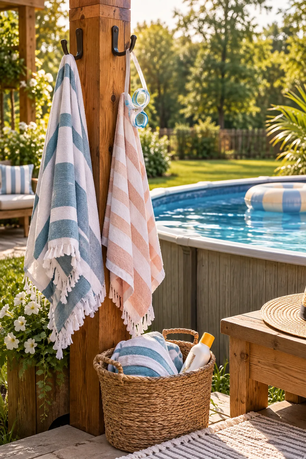 Wooden post with hooks holding colorful pool towels