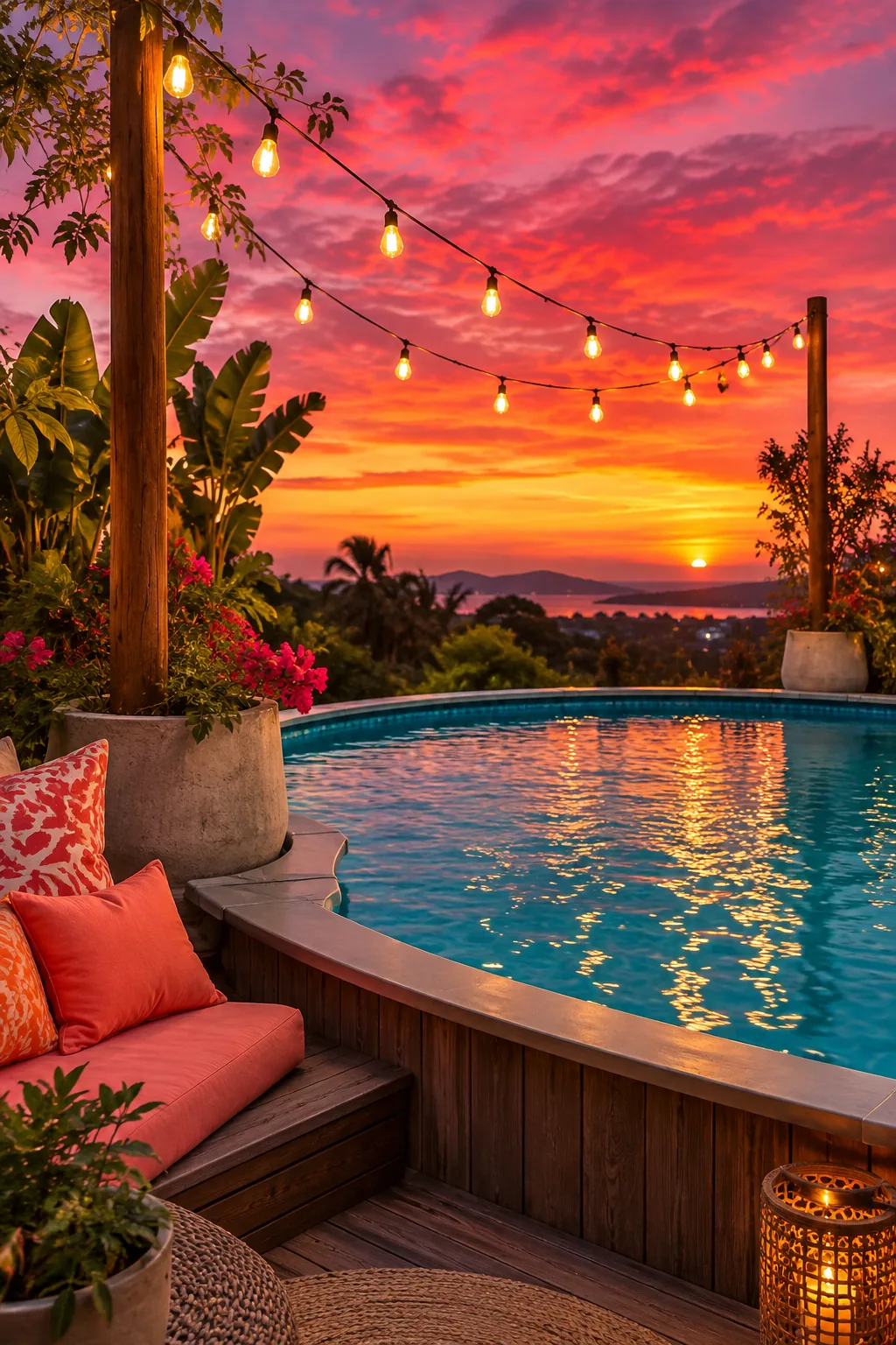 Bistro string lights hanging over an above ground pool at night