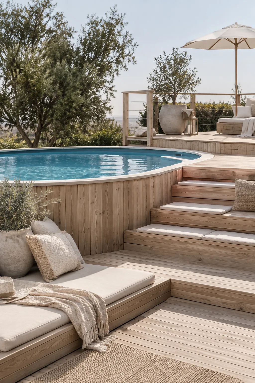 Multi-level wooden deck built around a backyard pool