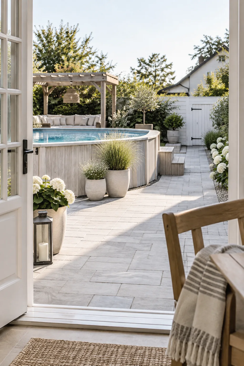Above ground pool sitting on a flat paver stone patio