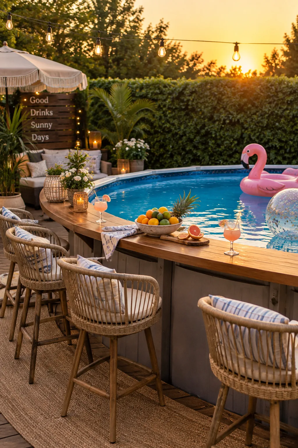 Wooden bar ledge attached to the side of an above ground pool