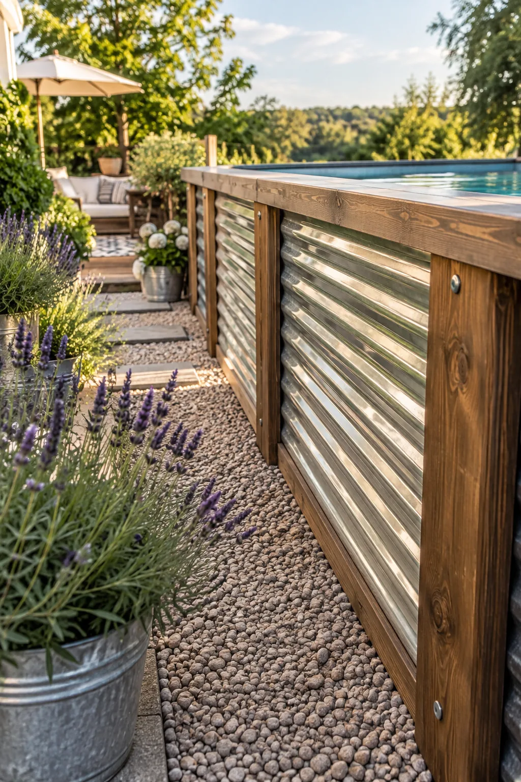 Corrugated metal skirting wrapped around an above ground pool