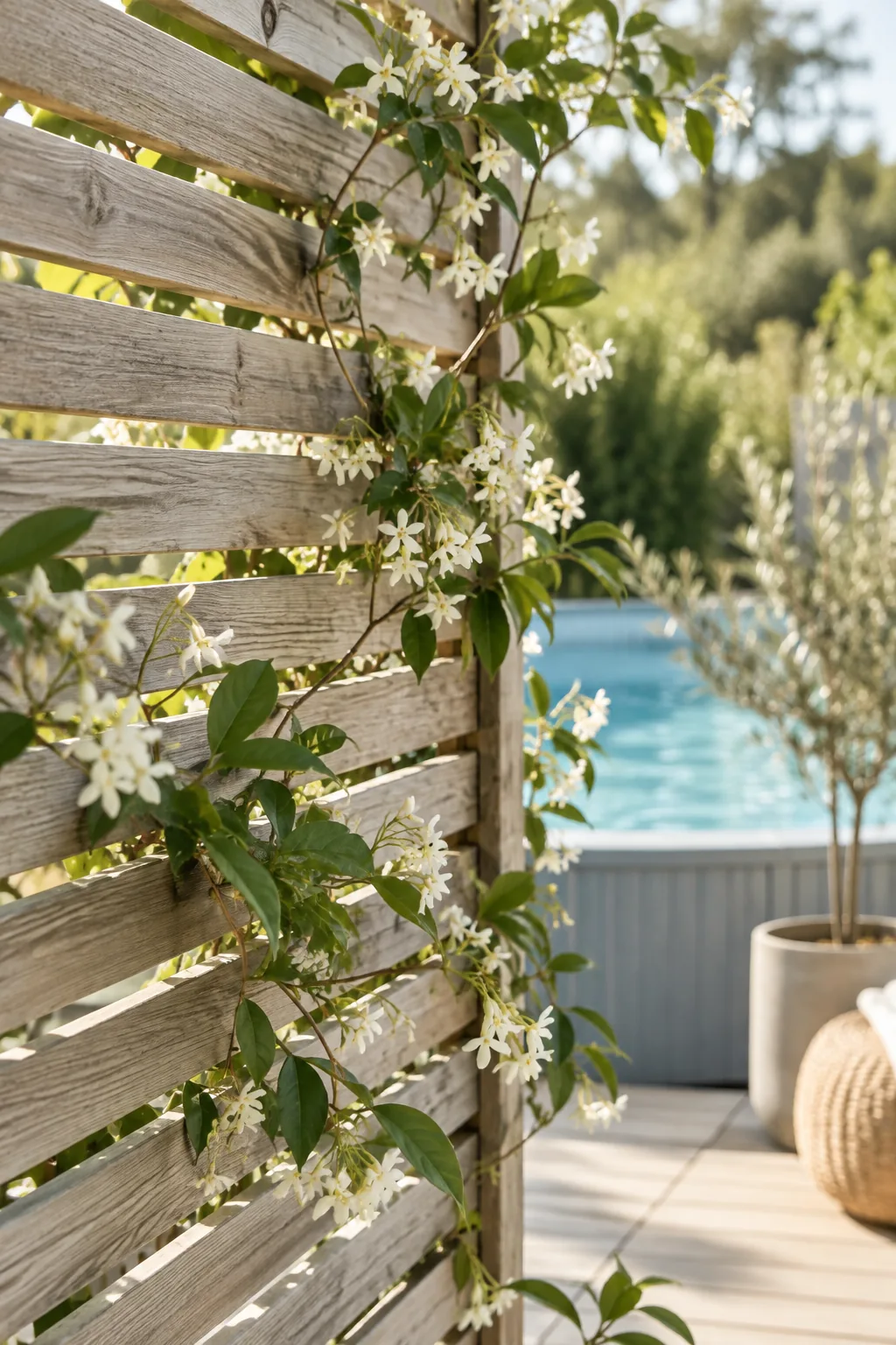Slatted cedar privacy screen hiding an above ground pool