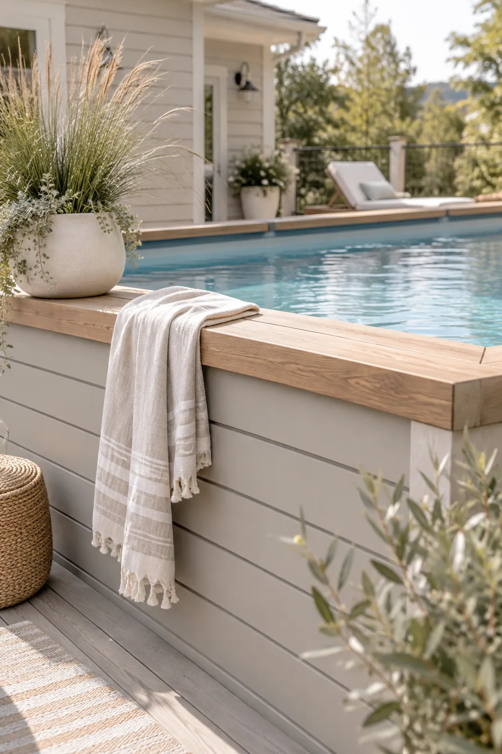 Permanent wooden surround built around a soft-sided pool