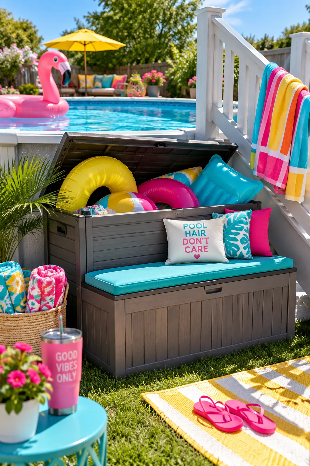 Deck box used for storing pool toys next to stairs