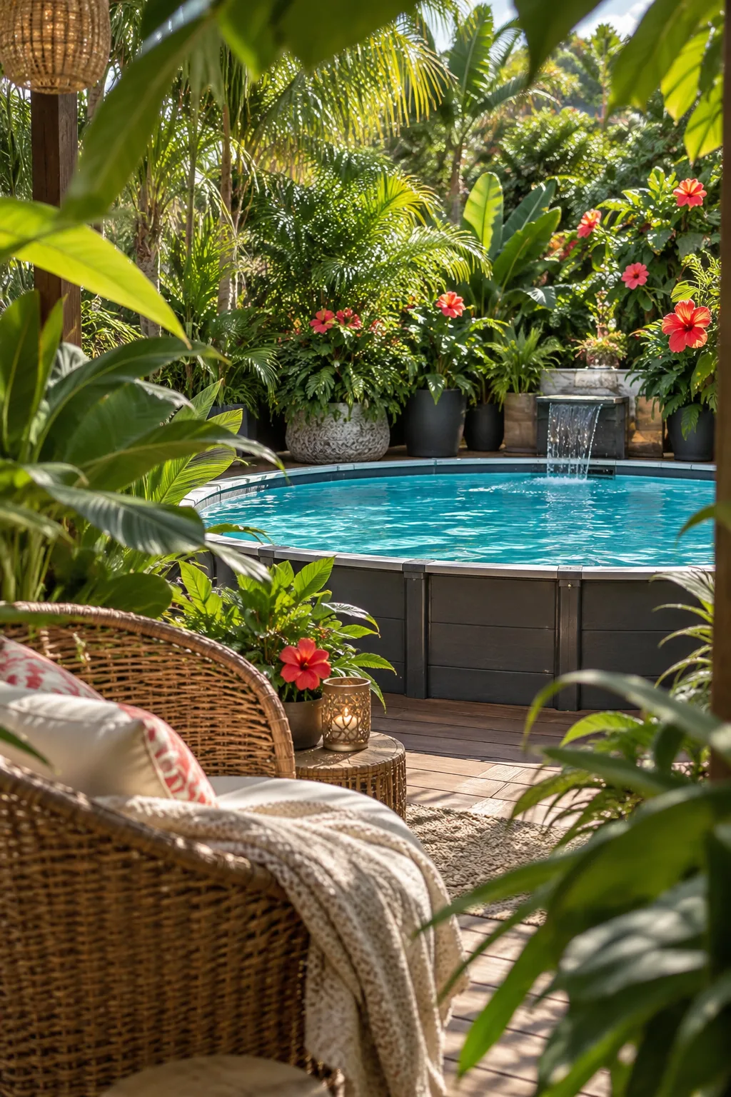 Large potted tropical plants placed around a pool deck