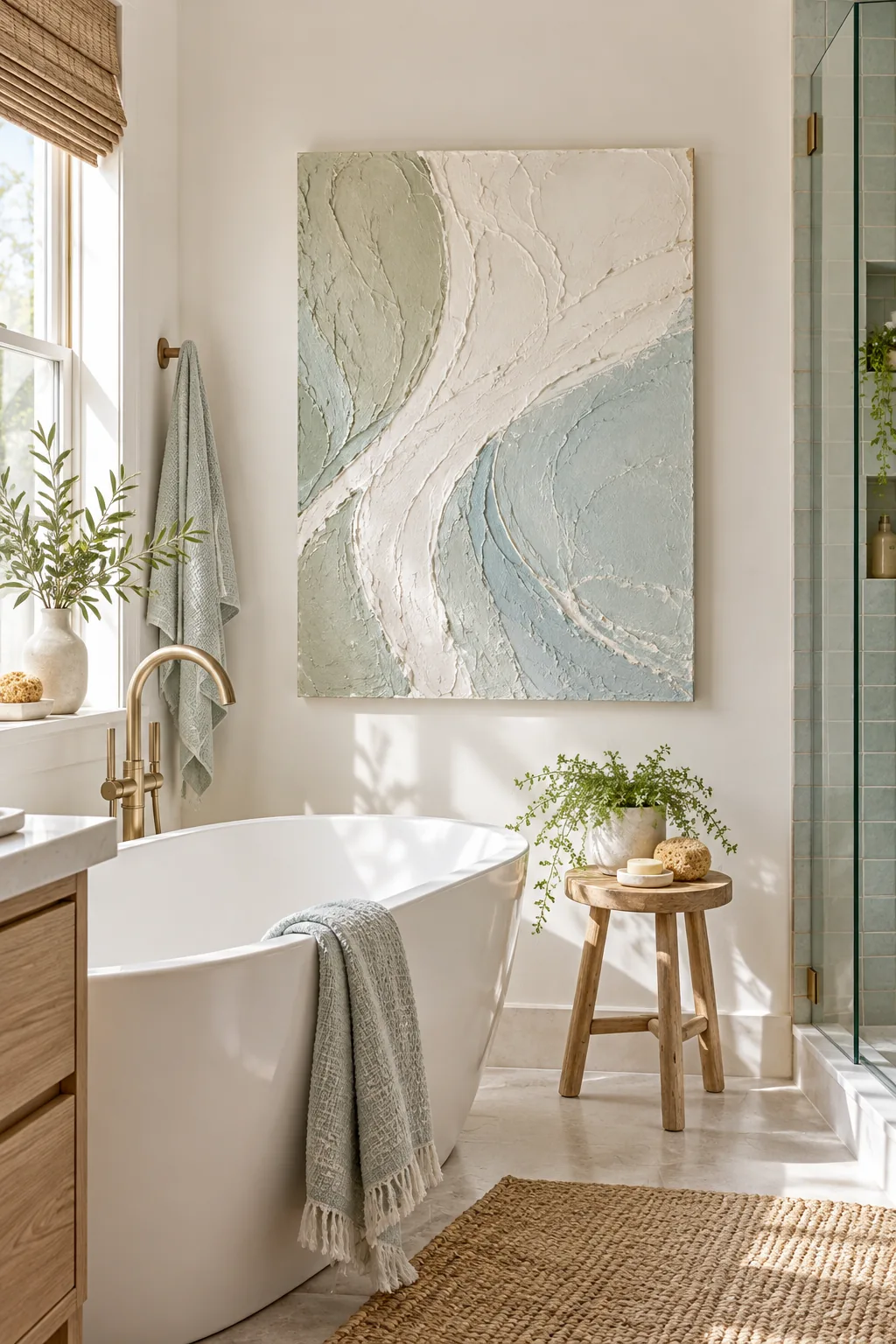 Abstract canvas in pale sage and sea glass blue hanging in a bright bathroom.