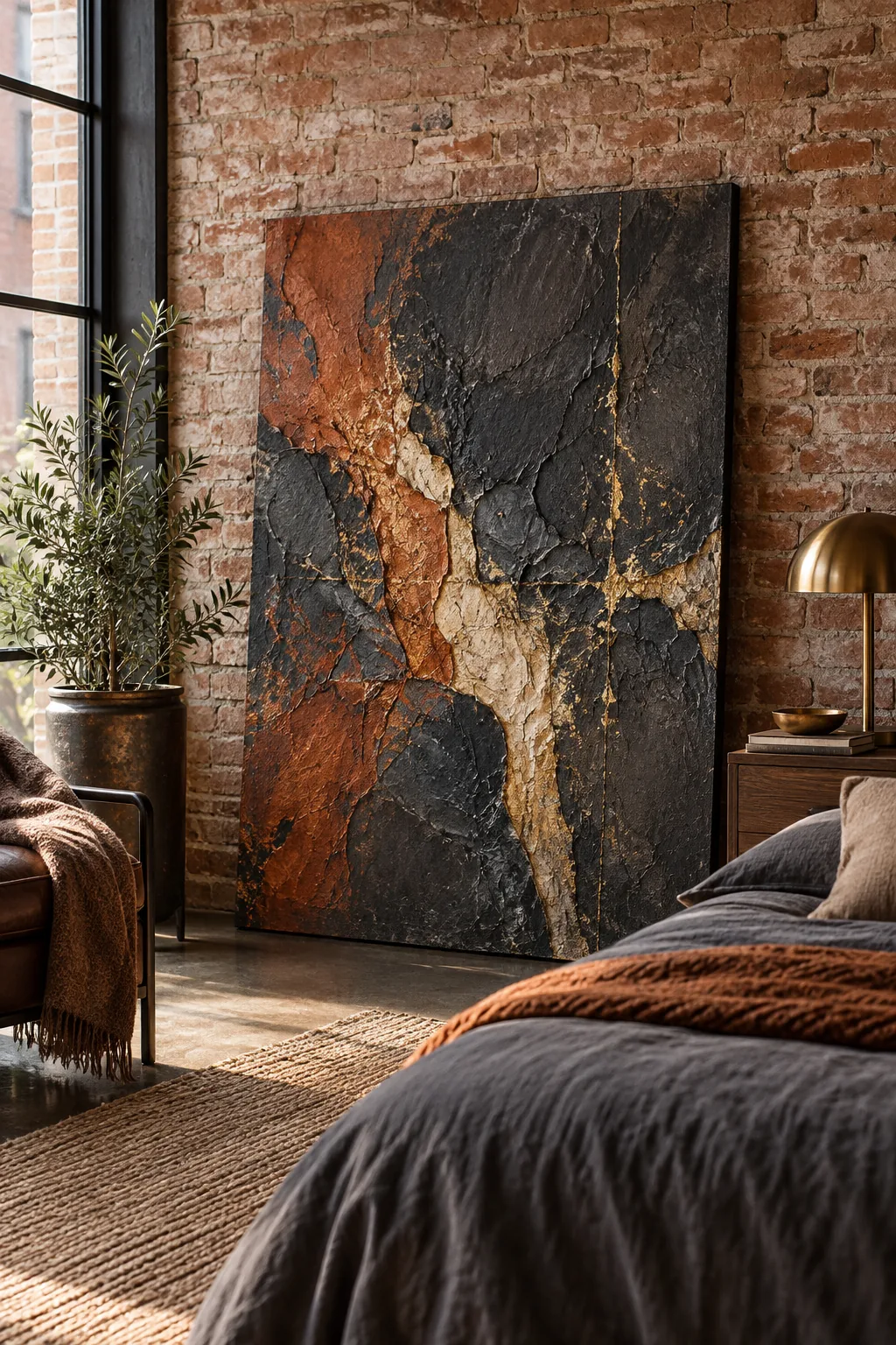 Dark abstract canvas in charcoal and rust leaning against an exposed brick wall.