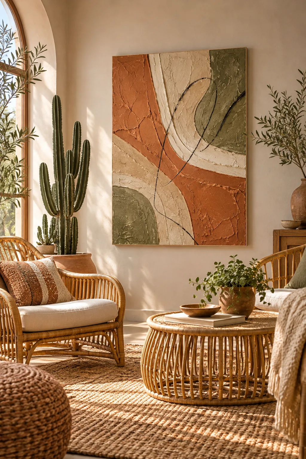 Abstract canvas in terracotta and sand hanging in a bohemian living room with rattan furniture.