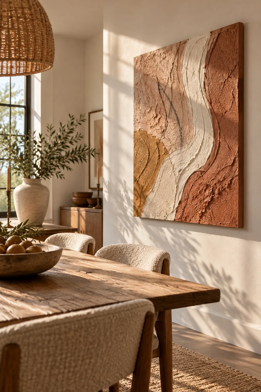 Side angle of a hanging abstract canvas showing deep shadows cast by thick spackle ridges.